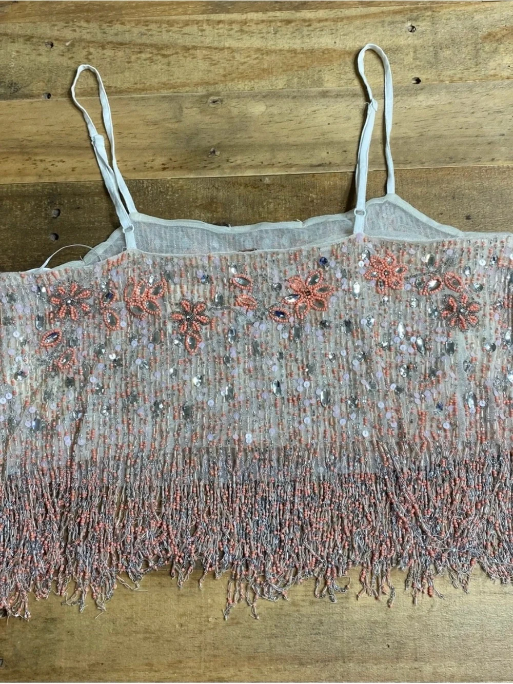 Free People Juliet Beaded Fringe Cami Top in Coral Pink